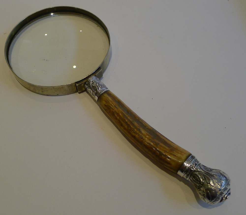 Antique English Antler Horn & Sterling Silver Handled Magnifying Glass