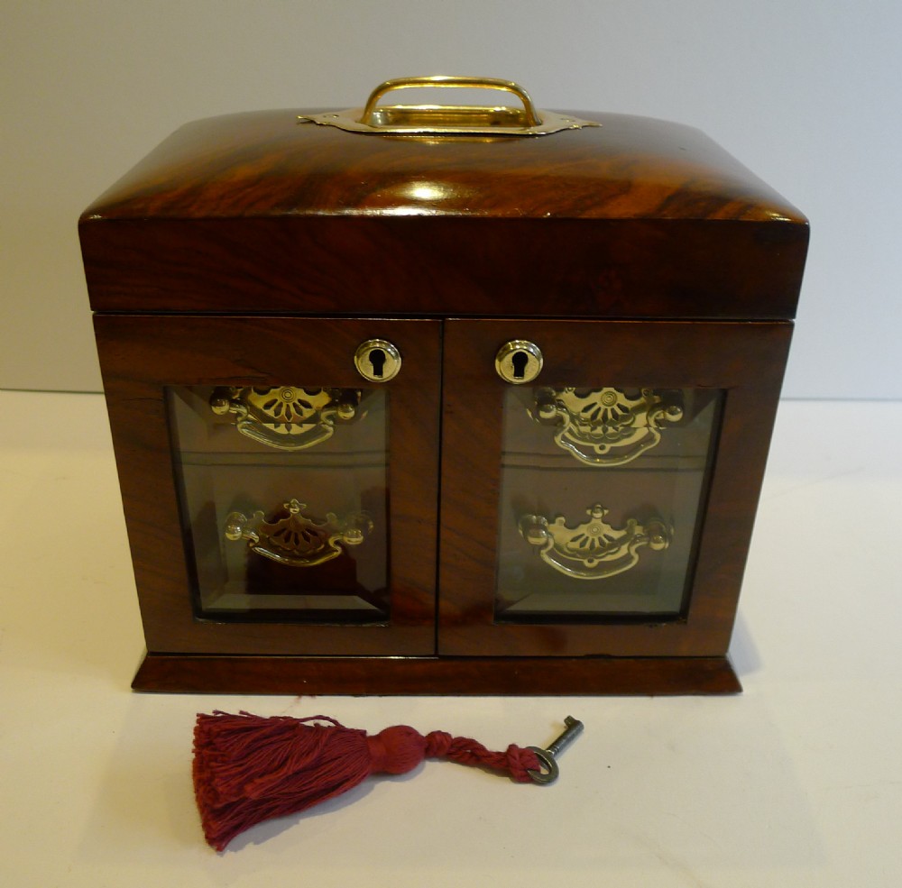Stunning English Walnut Jewellery Box With Glazed Doors c.1900