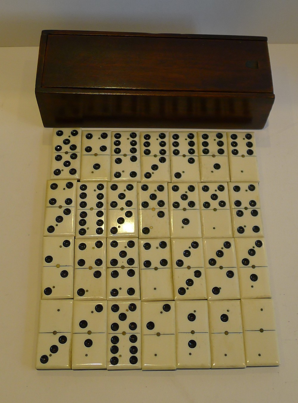 Antique English Boxed Set Bone & Ebony Wood Dominoes c.1890