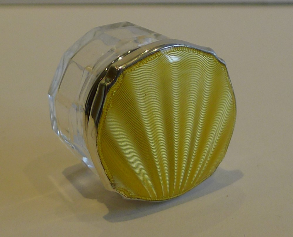 English Sterling Silver & yellow Guilloche Enamel Lidded Pot - 1936