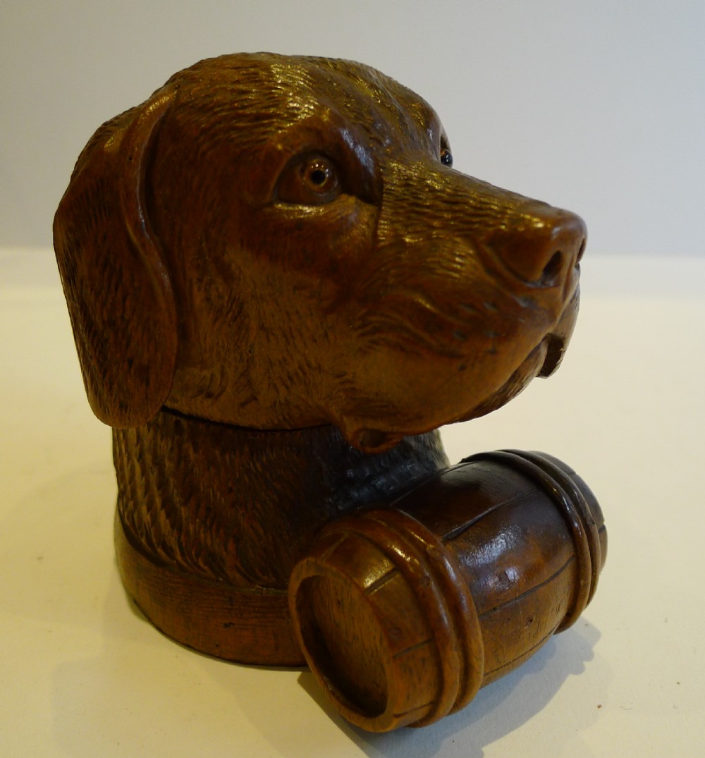 Charming Antique Black Forest Figural (Dog) Inkwell With Whisky Barrel c.1890
