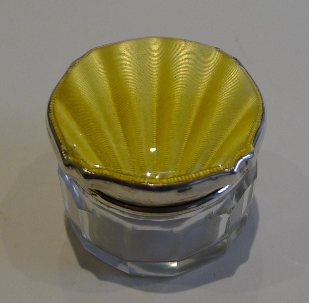 English Sterling Silver & yellow Guilloche Enamel Lidded Pot - 1936