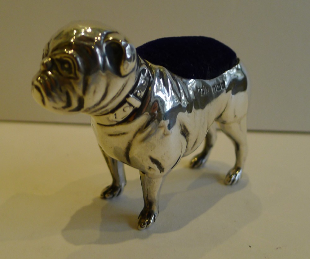 Rare Antique Sterling Silver Figural Pin Cushion, English Bulldog