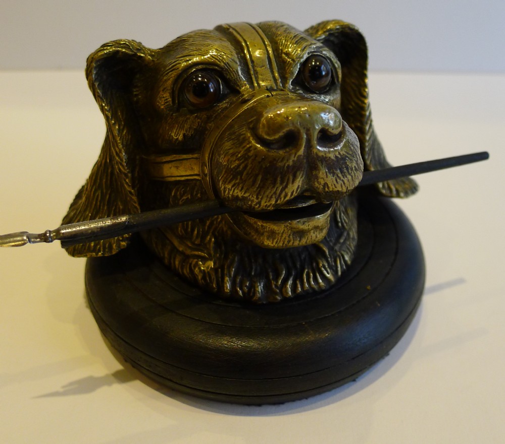 Handsome Antique English Novelty Figural Bronze Dog Inkwell