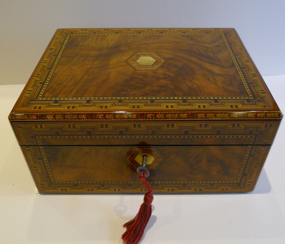 Beautiful Antique English Jewellery Box - Tunbridge Inlaid Walnut c.1860