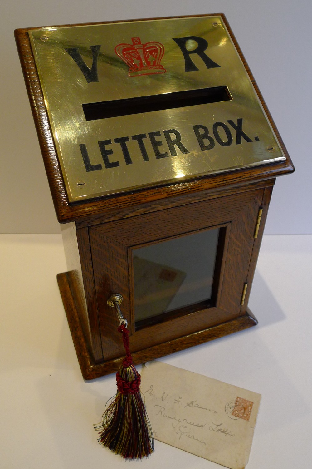 Antique English Letters Box In Oak With Brass c.1890