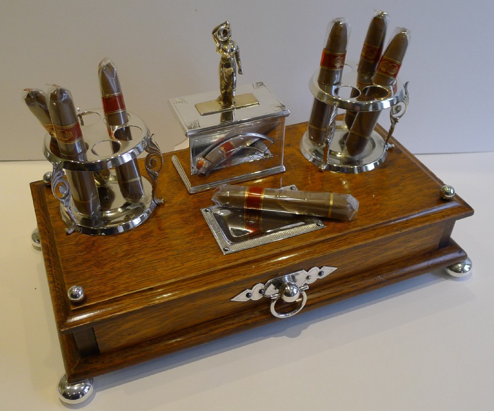 Antique English Oak & Silver Plated Cigar Box c.1890