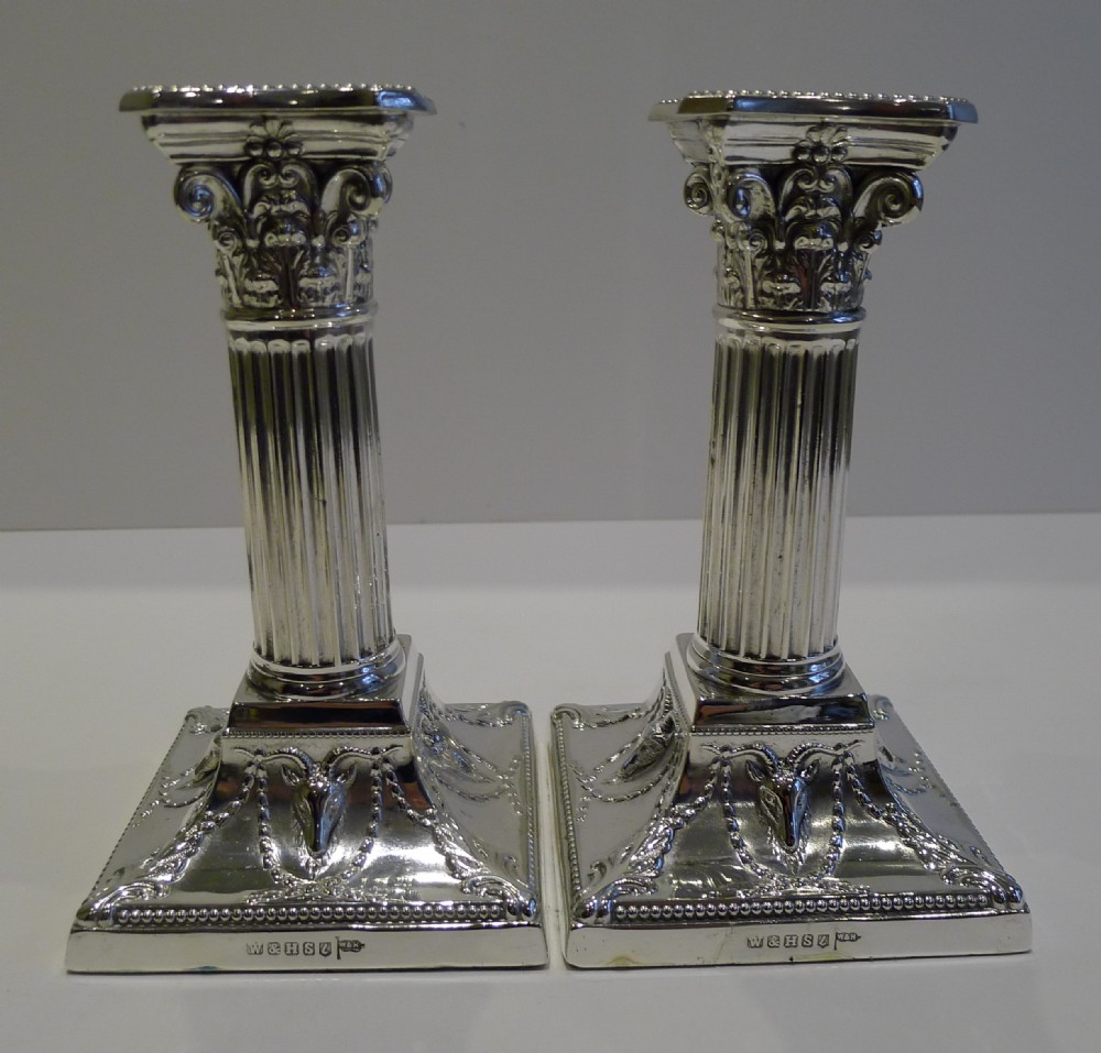 Pair Antique English Silver Plated Candlesticks - Corinthian Columns