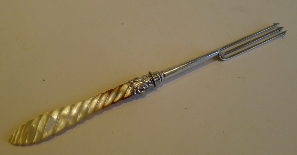 Antique English Sterling Silver & Mother of Pearl Pickle Fork by George Unite