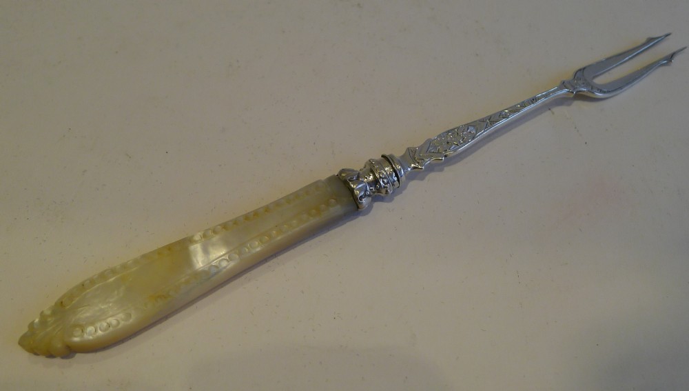 Antique English Sterling Silver & Mother of Pearl Pickle Fork by George Unite