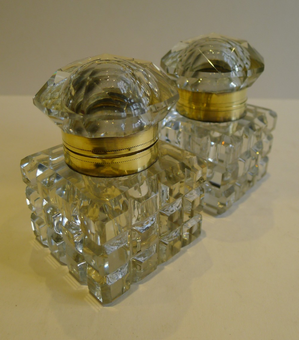 Pair Large Antique English Cut Crystal Inkwells c.1890