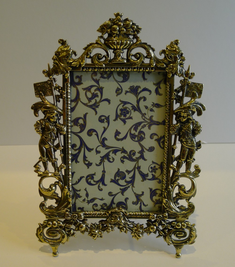 Grand Antique English Figural Cast Polished Brass Photograph Frame c.1880