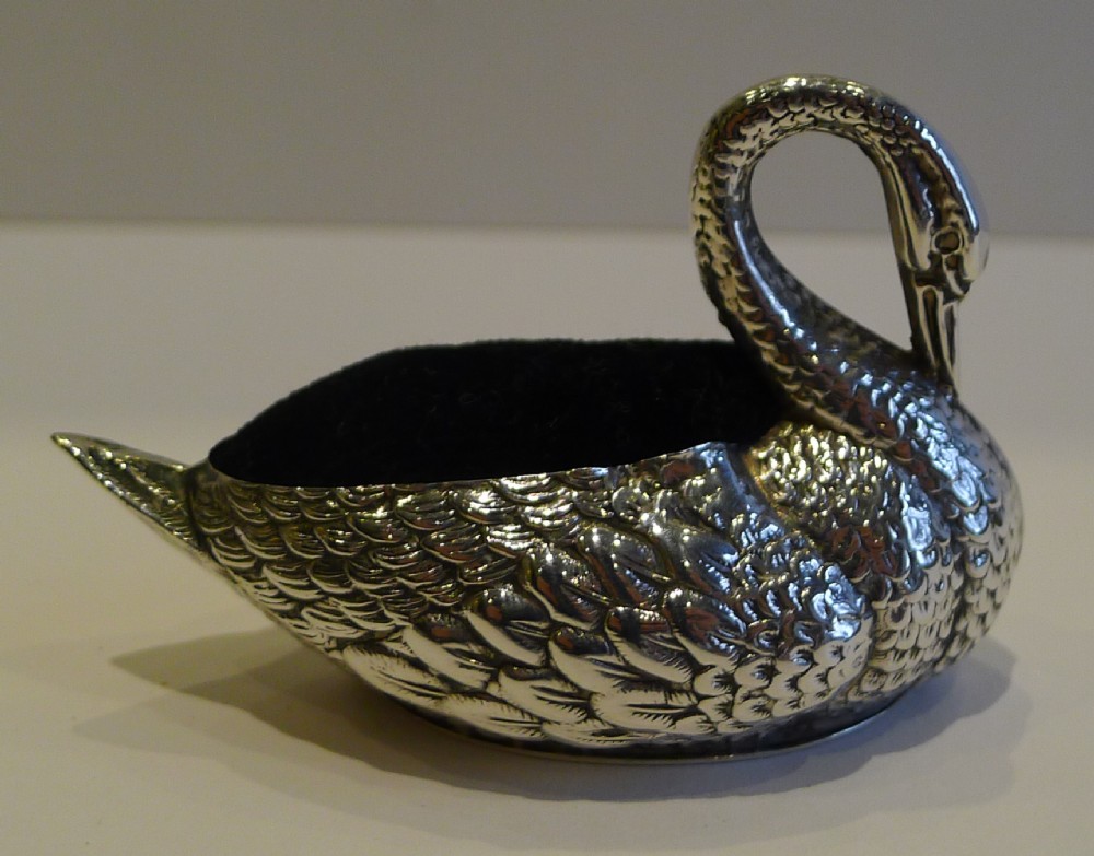 Antique English Sterling Silver Figural Pin Cushion - Swan - 1914