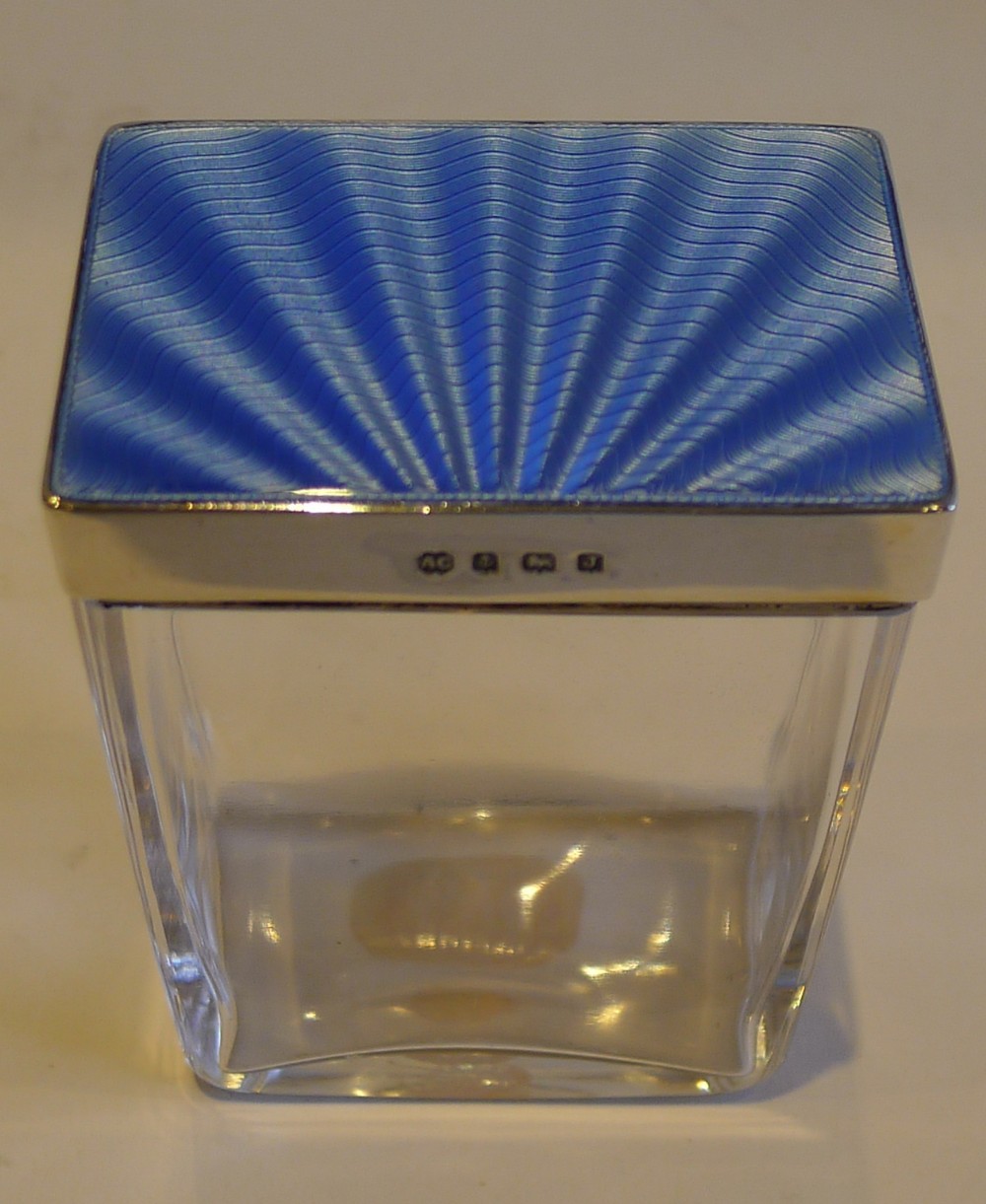 English Art Deco Cut Glass, Sterling Silver & Guilloche Enamel Jar - 1933