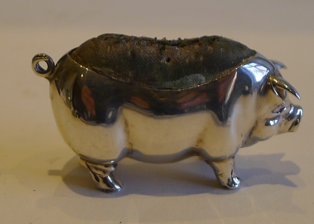 Antique English Sterling Silver Figural Pin Cushion - Pig or Sow - 1904