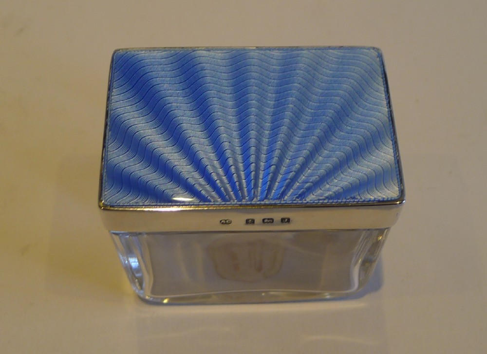 English Art Deco Cut Glass, Sterling Silver & Guilloche Enamel Box - 1933