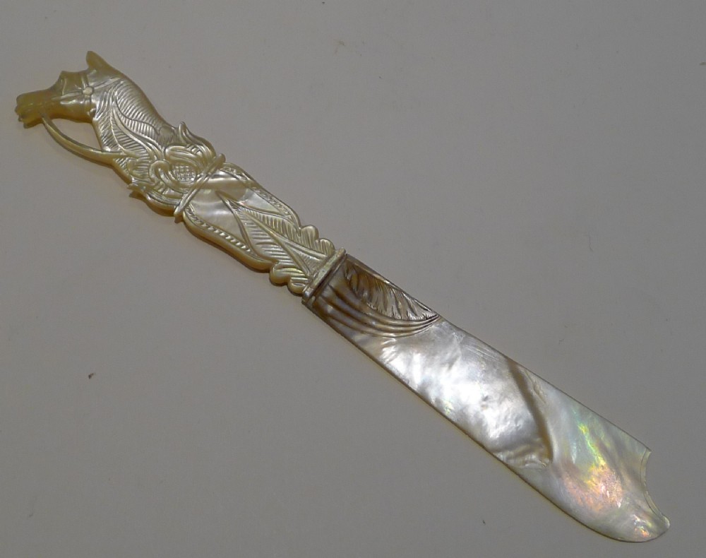 Fabulous Antique French Equestrian Carved Mother of Pearl Letter Opener c.1860 - Horse