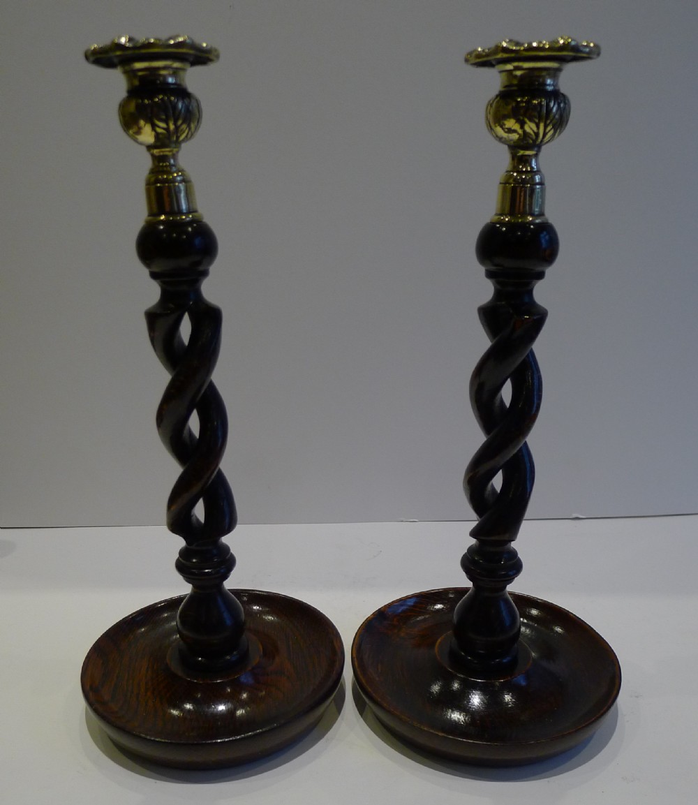 Tall Pair Antique English Oak Open Barley Twist Candlesticks - Brass Thistle Tops