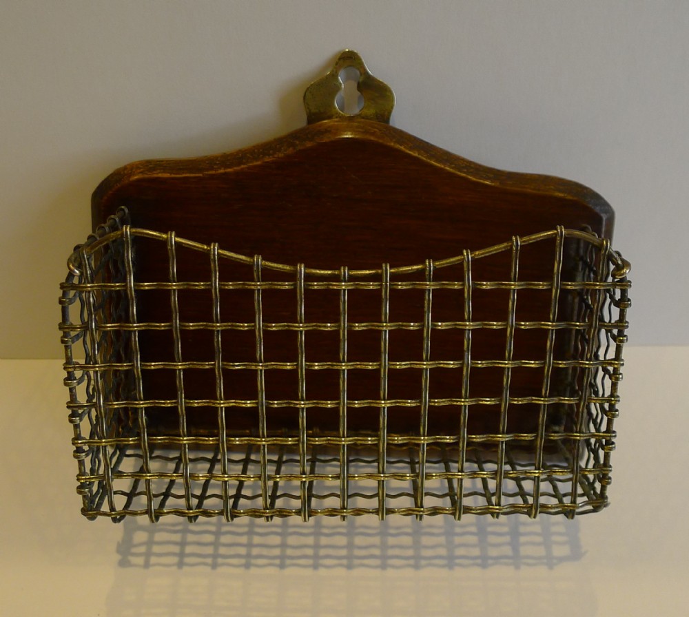 Antique English Oak & Brass Wire Letter Holder c.1900