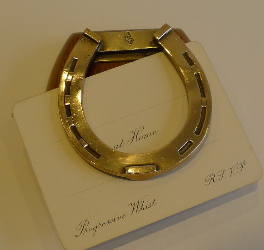 Antique English Brass & Oak Horseshoe Letter Clip - 1879