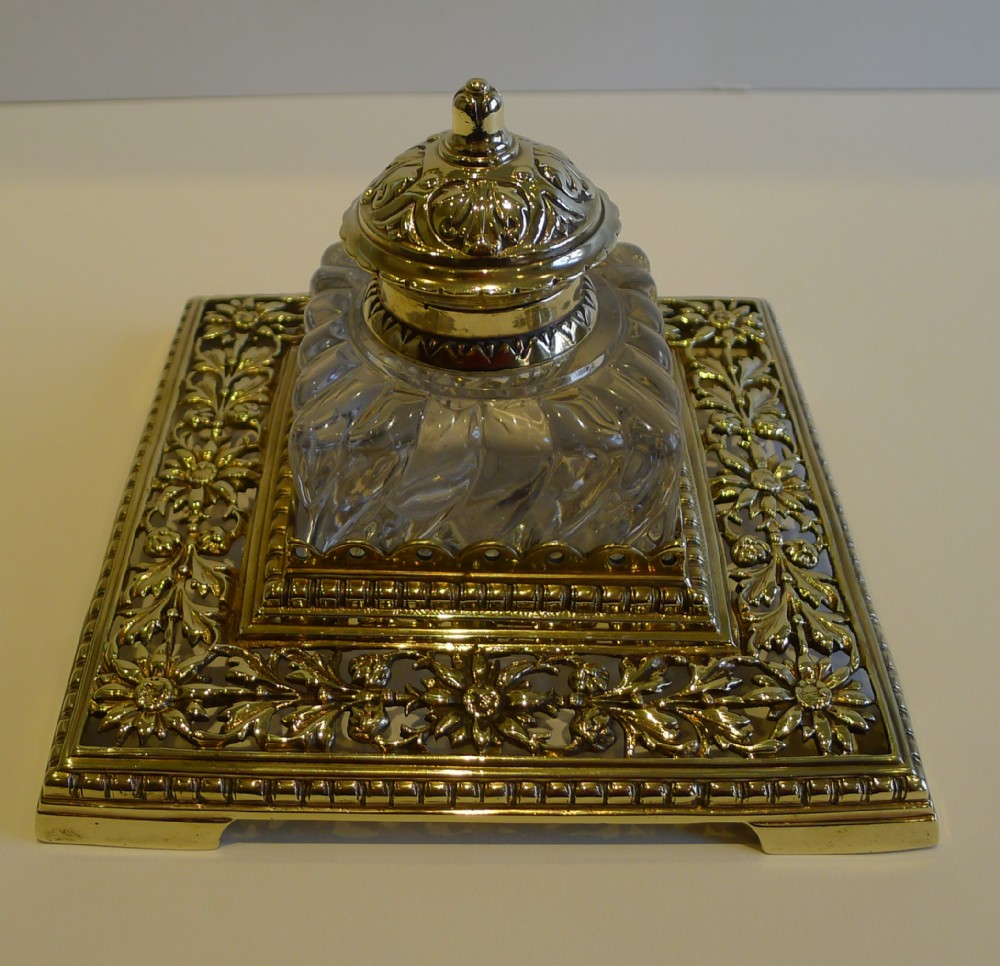 Antique English Brass and Glass Inkwell c.1890