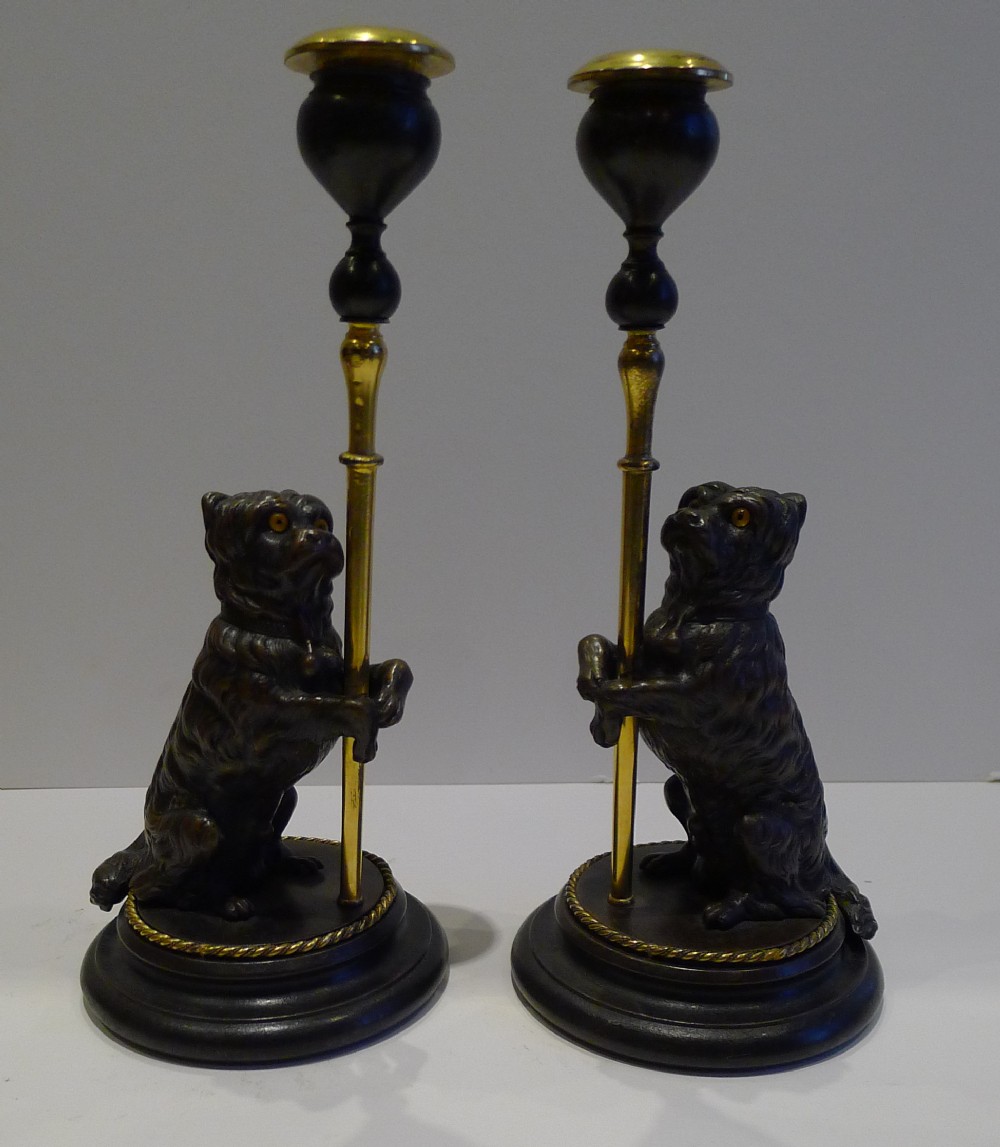 Pair Antique French Figural Candlesticks - Bronze Dogs With Glass Eyes c.1870