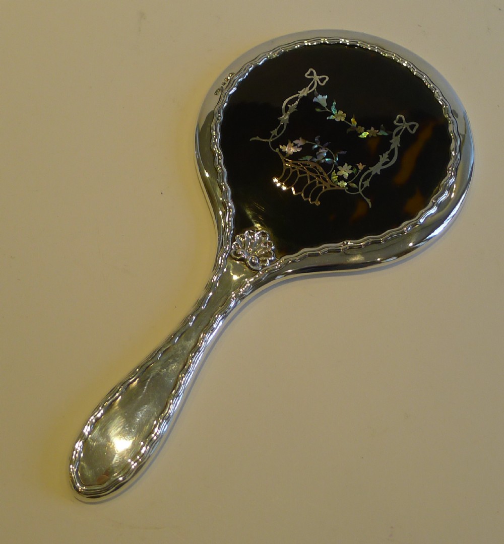 Finest Antique English Sterling Silver & Tortoiseshell Hand Mirror - 1907