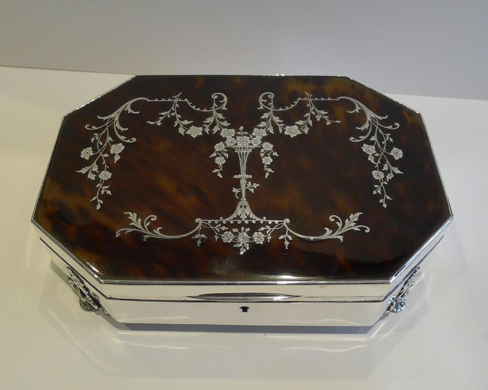 Finest Large Antique Silver & Tortoiseshell Jewellery Box - Pique Inlay
