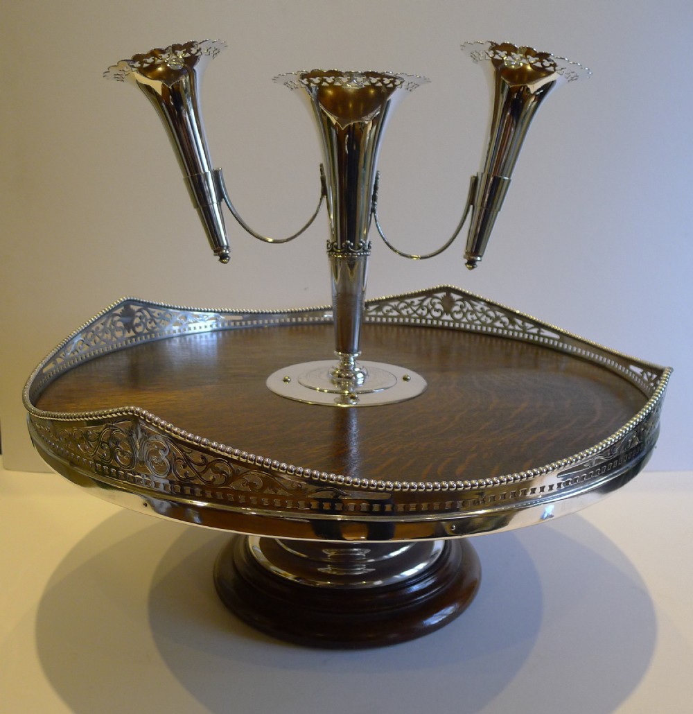 Rare Antique English Oak & Silver Plated Lazy Susan c.1890