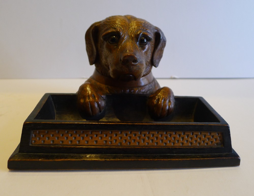 Beautifully Carved Antique Black Forest Figural Inkwell - Dog c.1900