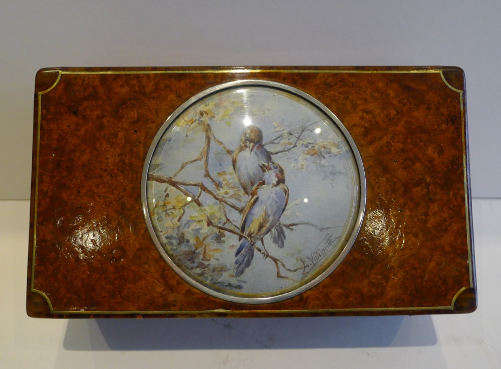 Unusual Antique Amboyna Trinket Box With Watercolour Under Glass c.1900