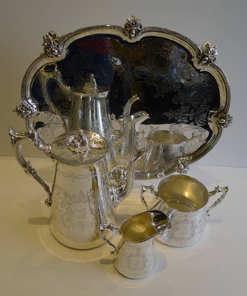 Antique English Silver Plated Coffee Set With Tray - Family Crest, c.1880