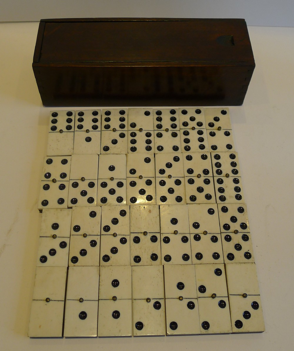 Antique English Boxed Set Bone & Ebony Dominoes c.1890