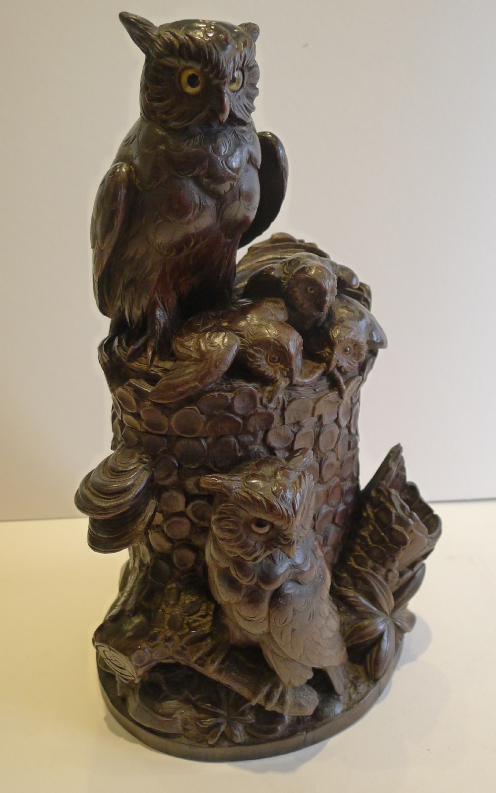 Rare & Magnificent Figural Black Forest Tobacco Box - Owl Family c.1900
