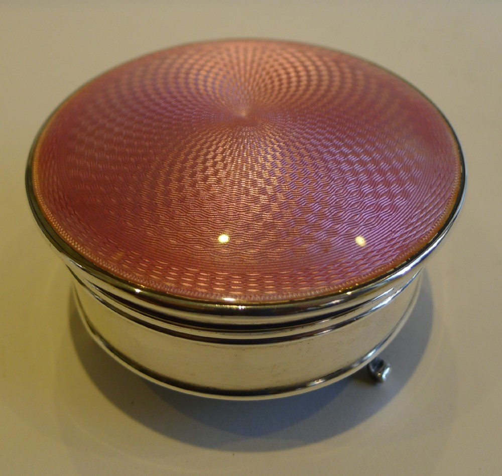 Fabulous English Sterling Silver & Pink Guilloche Enamel Jewellery Box
