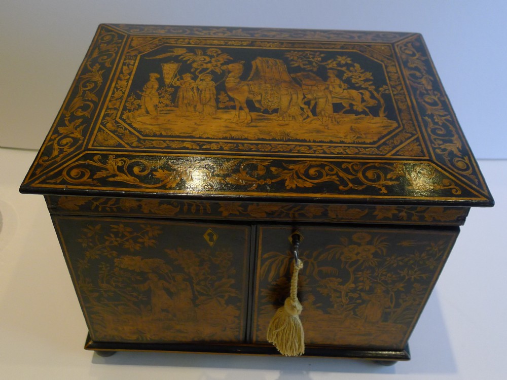 Antique English Chinoiserie Penwork Jewelry Cabinet c.1790