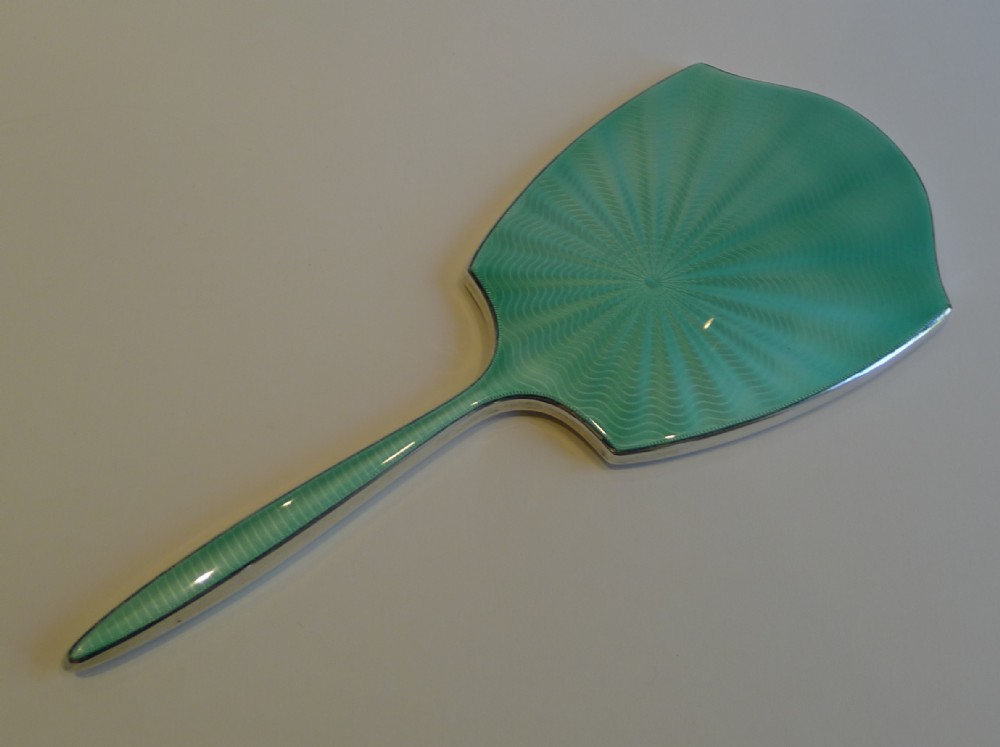 Stunning English Sterling Silver & Guilloche Enamel Hand Mirror