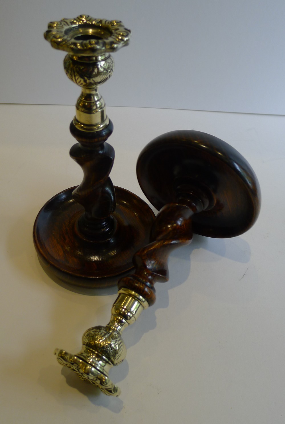 Handsome Pair Solid Oak Barley Twist Candlesticks - Brass Thistle Tops
