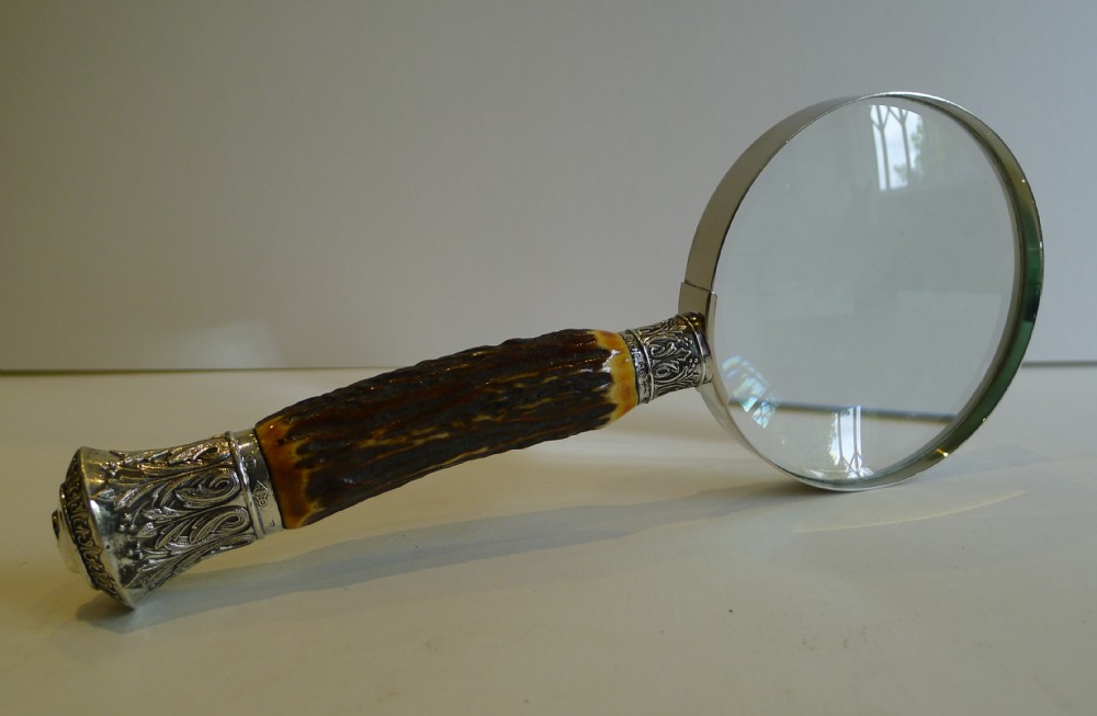 Antique English Antler Horn & Sterling Silver Handled Magnifying Glass