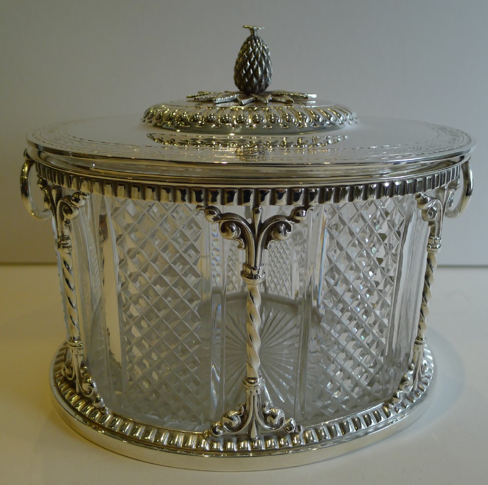 Magnificent & Grand Antique English Cut Crystal and Silver Plated Biscuit Box c.1880