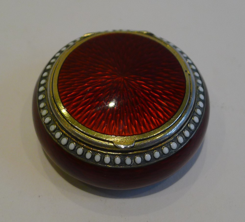 Outstanding Silver Gilt and Red Guilloche Enamel Pill Box by David Anderson - 1898