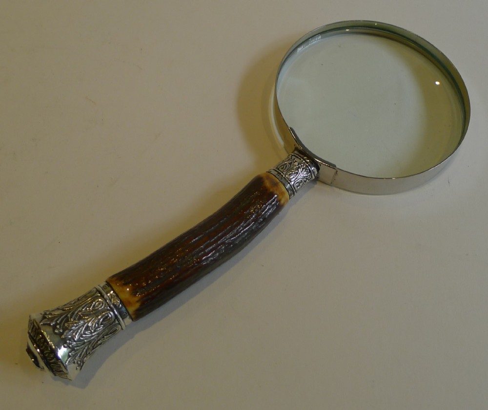 Grand Antique English Antler Horn & Sterling Silver Magnifying Glass - 1883