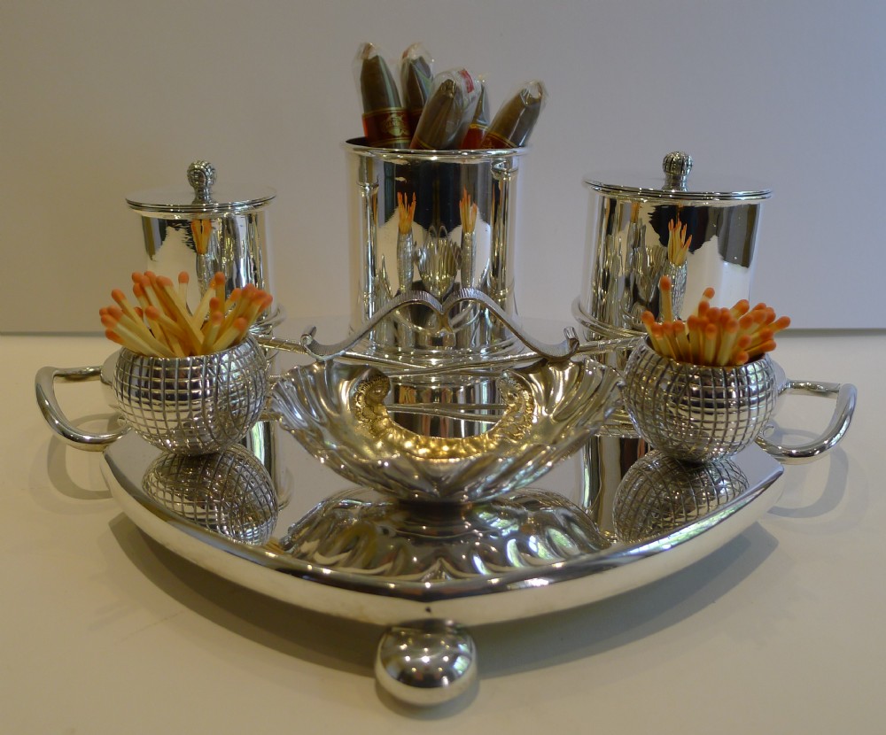 Rare Antique English Silver Plated Golf Themed Cigar Compendium c.1900