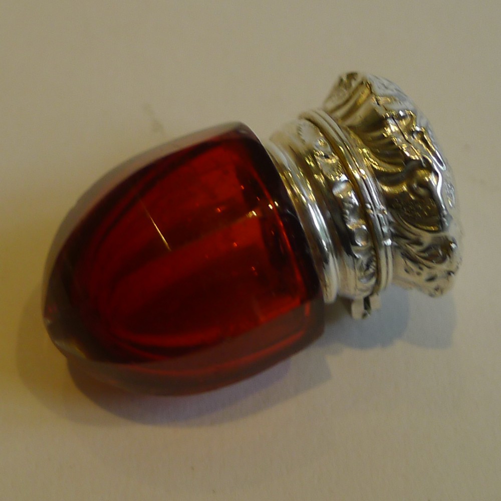 Antique English Ruby Glass & Sterling Silver Vinaigrette c.1880