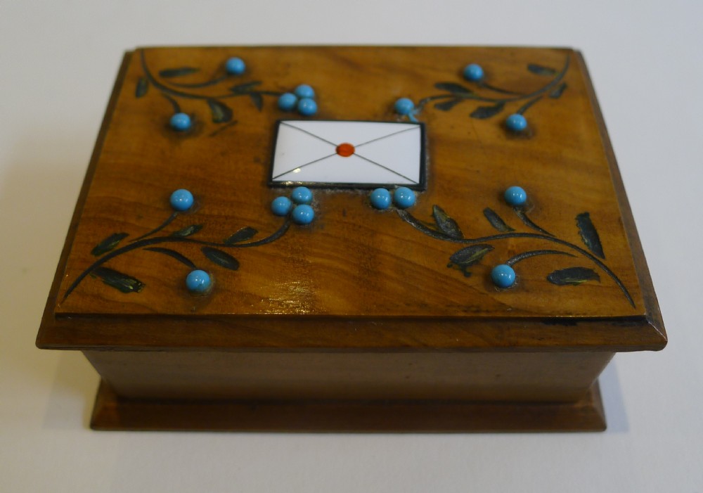 Antique Olivewood Stamp Box - Turquoise Beads and Enamel Letter c.1900