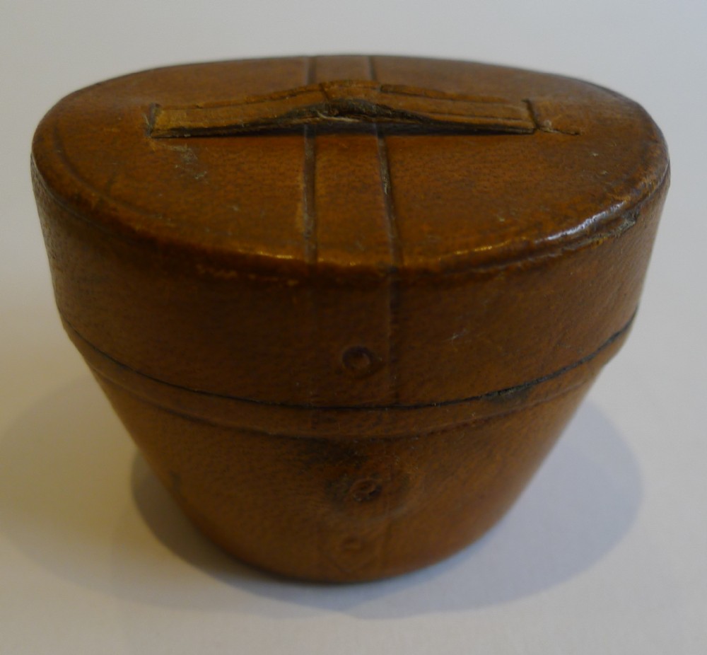 Antique Novelty Leather Covered Travel Inkwell - Top Hat Box or Bucket c.1890