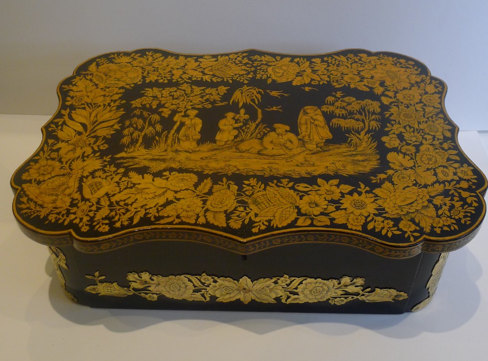 Rare Grand Antique English Penwork Jewelry Box With Figural Gilt Mounts c.1820
