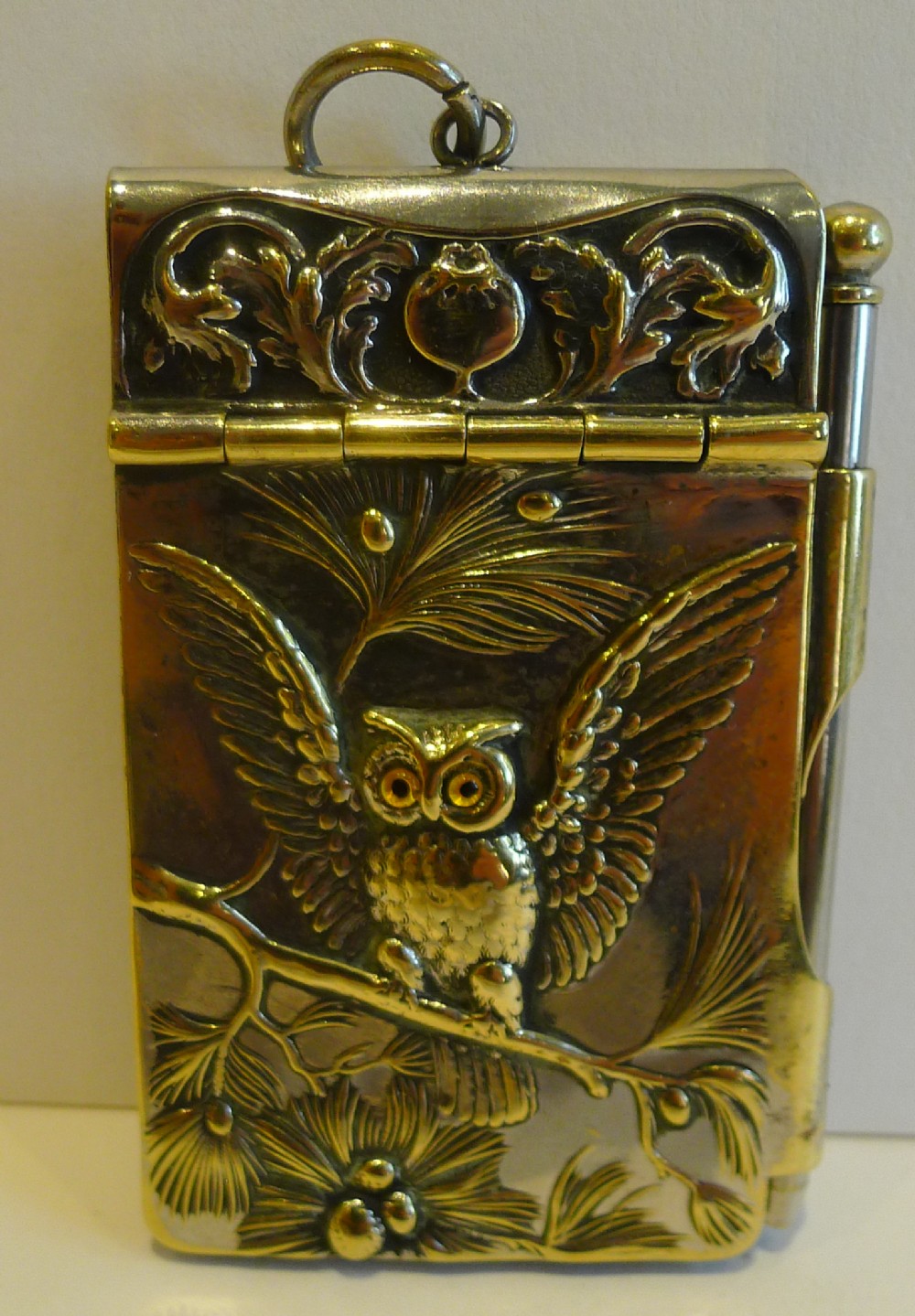 Charming Antique Novelty Aide Memoir - Owl With Glass Eyes c.1900