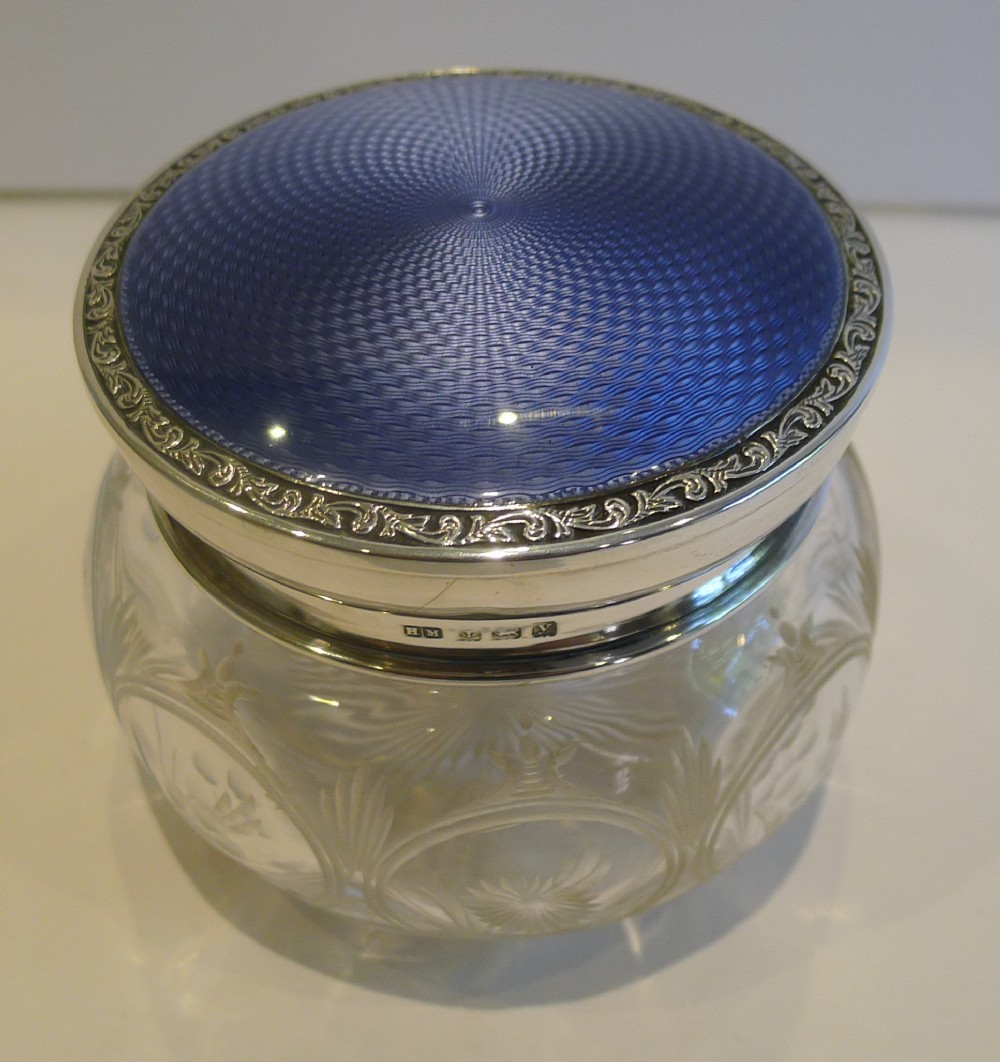 Stunning English Crystal, Sterling Silver and Guilloche Enamel Powder Bowl - 1923