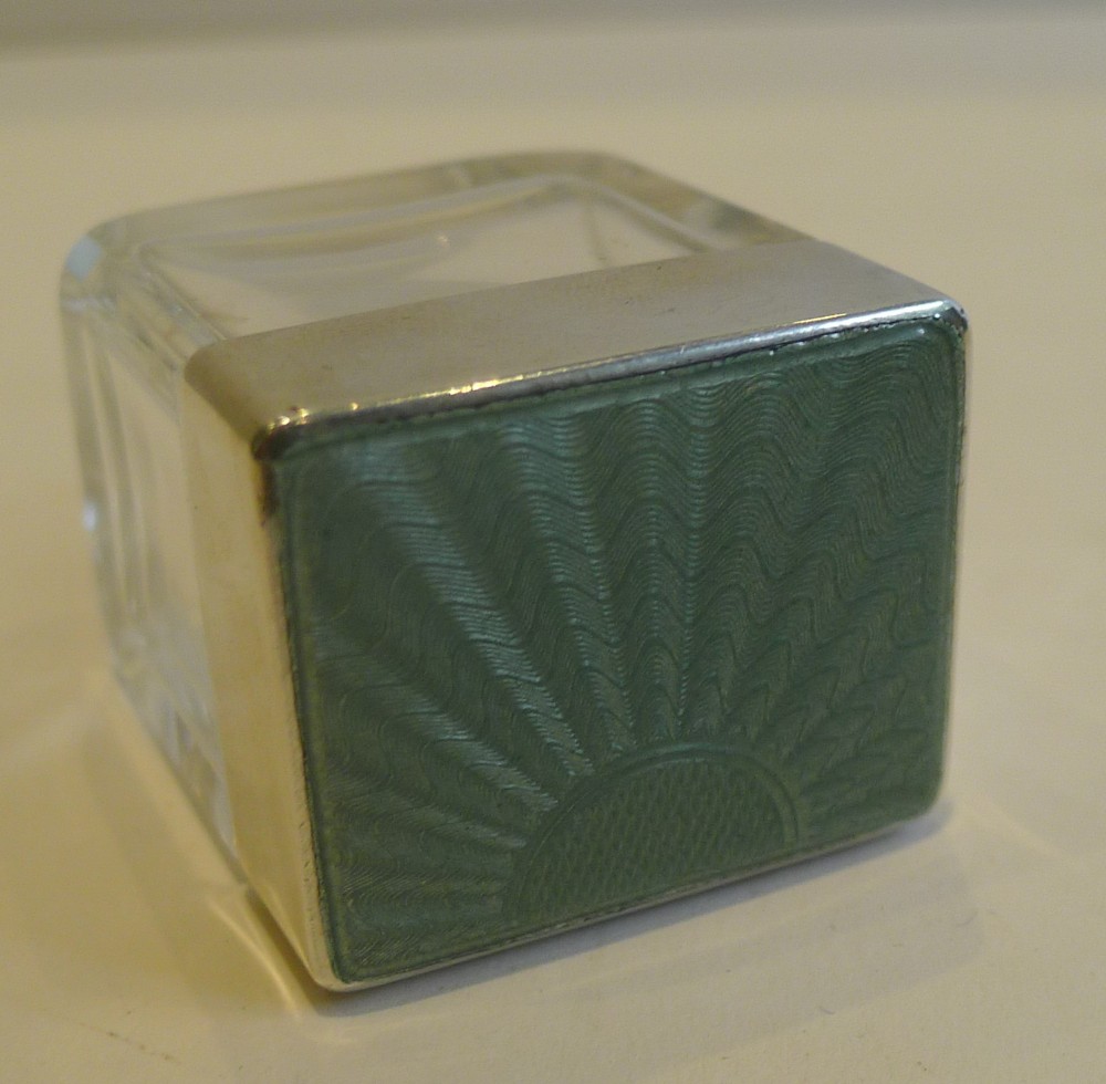 Small English Art Deco Cut Glass, Sterling Silver & Guilloche Enamel Box - 1939